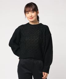 ボリュームスリーブカシミアタッチケーブル編みニットセーター