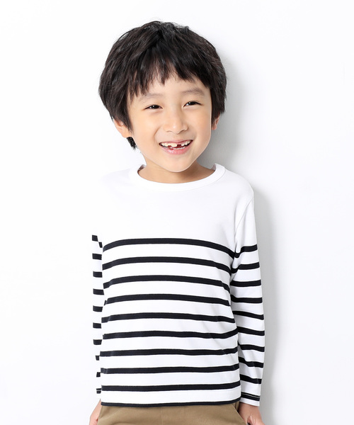 devirock（デビロック）の「パネルボーダー長袖Tシャツ（Tシャツ/カットソー・キッズ・ブルー系その他/ブルー系その他2/ブラック/ホワイト系その他/ホワイト系その他2/キャメル・100cm/110cm/120cm/130cm/140cm/150cm/160cm）」の2枚目の写真