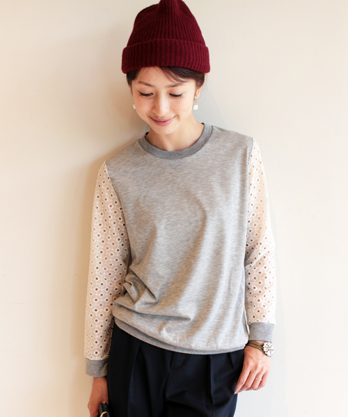 BEAUTY&YOUTH UNITED ARROWS（ビューティーアンドユースユナイテッドアローズ）の「BYSF ∵レーススリーブ裏毛8分袖プルオーバー　◆（Tシャツ/カットソー・レディース・グレー/ターコイズブルー/ネイビー・FREE）」の2枚目の写真