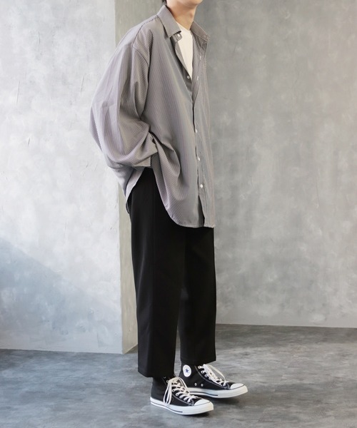 CREARE -LINO-（クレアーレリノ）の「オーバーサイズ ストライプ柄 長袖シャツ（シャツ/ブラウス・メンズ・ブラック/サックスブルー・FREE）」の6枚目の写真