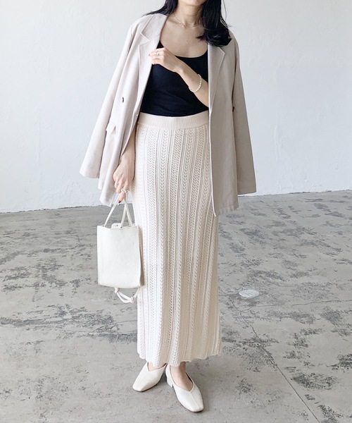 LIAN（リアン）の「透かし編みロングスカート（スカート・レディース・オフホワイト/ブルー/ブラック/イエロー/ベージュ・FREE）」の6枚目の写真