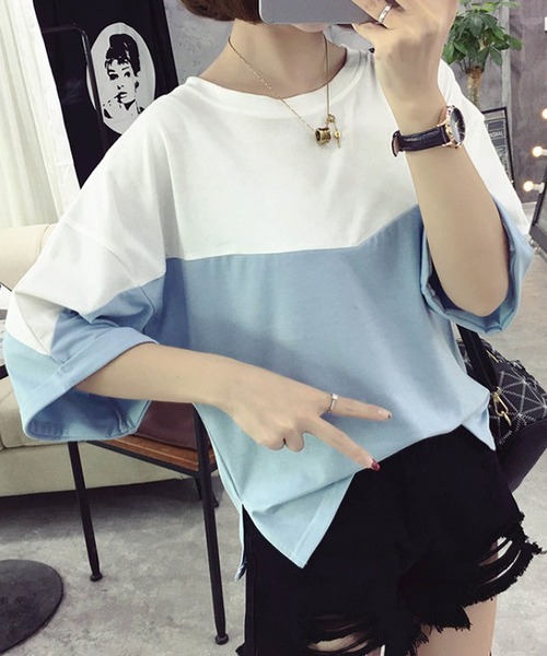Bifrost(ビフレスト)の「バイカラー切り替えTシャツ(Tシャツ/カットソー・レディース・グレー/グリーン/ブラック/ブルー・L/M)」の4枚目の写真