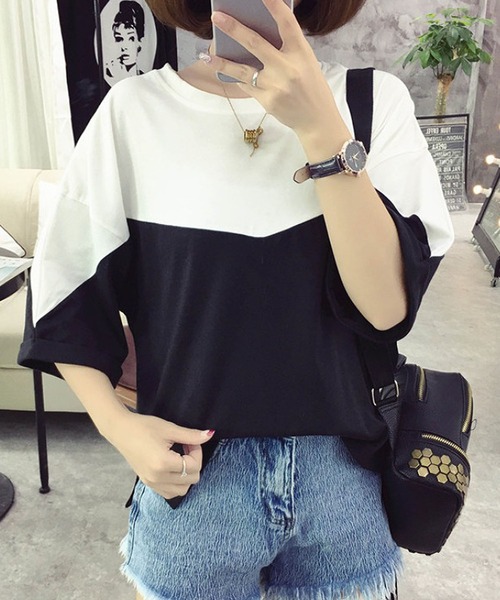 Bifrost(ビフレスト)の「バイカラー切り替えTシャツ(Tシャツ/カットソー・レディース・グレー/グリーン/ブラック/ブルー・L/M)」の2枚目の写真