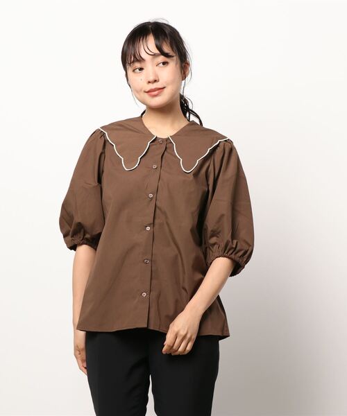 ehka sopo（エヘカソポ）の「ギンガムチェック／無地スカラップ衿ブラウス（シャツ/ブラウス・レディース・ブラック/ブラウン/オフホワイト/イエロー・ﾌﾘ-）」の4枚目の写真