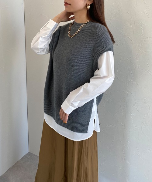 Petit Honfleur(プチオンフルール)の「1着完結 ニットベスト重ね着風プルオーバー(ニット/セーター・レディース・グレー/ブラック/ベージュ・M/L)」の3枚目の写真
