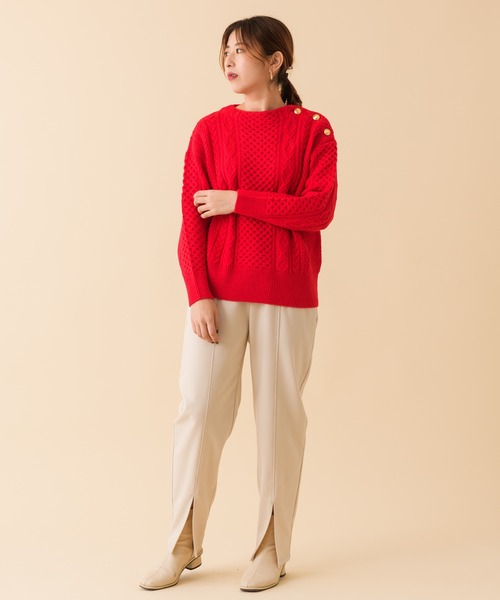 margaux(マルゴー)の「【KATHARINE ROSS】〇margaux/マルゴー 肩ボタンデザインケーブル編みニット(ニット/セーター・レディース・レッド/アイボリー/ライトブラウン・MEDIUM)」の9枚目の写真