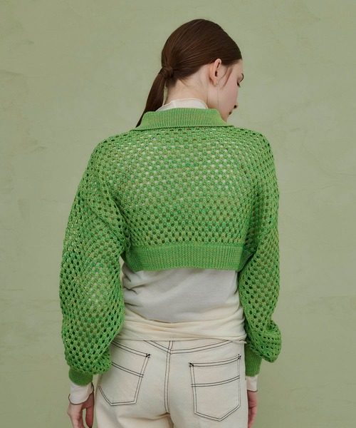 PUBLIC TOKYO（パブリックトウキョウ）の「ショートメッシュポロニット（ニット/セーター・レディース・ホワイト/グリーン・FREE）」の5枚目の写真