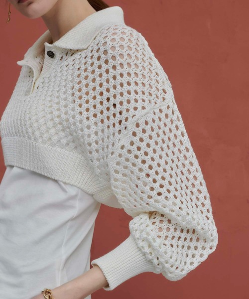 PUBLIC TOKYO（パブリックトウキョウ）の「ショートメッシュポロニット（ニット/セーター・レディース・ホワイト/グリーン・FREE）」の19枚目の写真