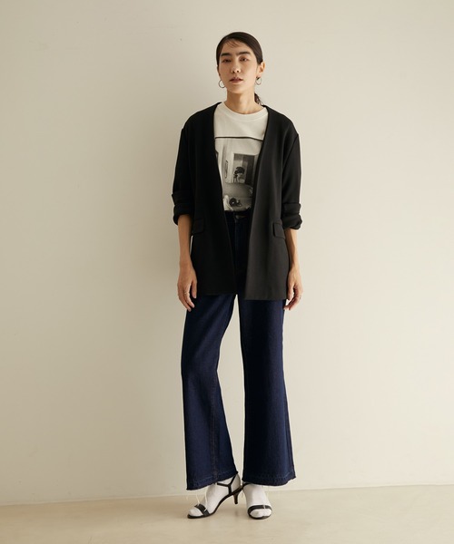 SALON adam et rope'（サロン アダム エ ロペ）の「【セットアップ対応・サステナブル】ECO BLUEダンボールノーカラージャケット（ノーカラージャケット・レディース・ブラック/オフホワイト・FREE）」の9枚目の写真