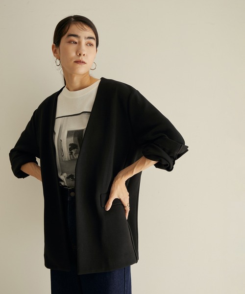 SALON adam et rope'（サロン アダム エ ロペ）の「【セットアップ対応・サステナブル】ECO BLUEダンボールノーカラージャケット（ノーカラージャケット・レディース・ブラック/オフホワイト・FREE）」の8枚目の写真