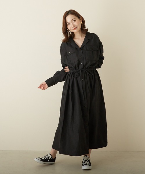 PAPAVER（パパヴェル）の「【papaver】ライスコール開襟OP（ワンピース・レディース・ブラック/ダークグリーン/モカ/ベージュ・MEDIUM）」の2枚目の写真