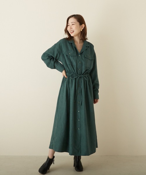 PAPAVER（パパヴェル）の「【papaver】ライスコール開襟OP（ワンピース・レディース・ブラック/ダークグリーン/モカ/ベージュ・MEDIUM）」の4枚目の写真