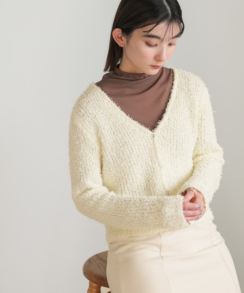 select MOCA（セレクトモカ）の「カールヤーンニットショートカーディガン（カーディガン/ボレロ・レディース・グリーン/オフホワイト/ブラック・FREE）」の2枚目の写真