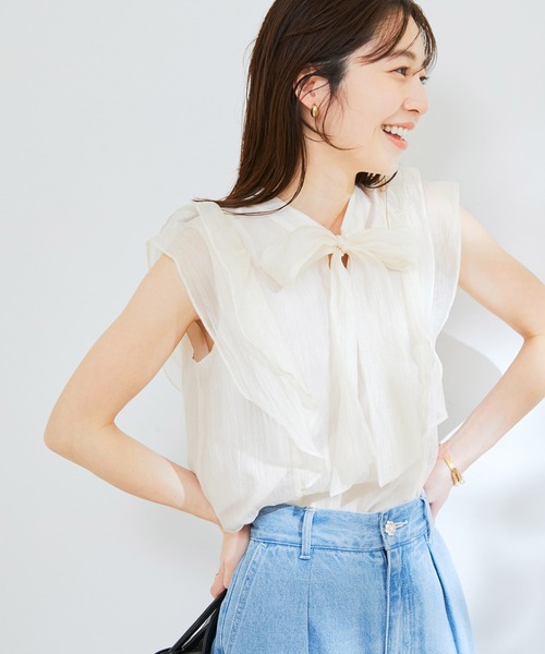 VIS（ビス）の「【洗える】【前後2WAY】シアーボウタイラッフルフリルブラウス（シャツ/ブラウス・レディース・ブラック/ピンク/キナリ・FREE）」の5枚目の写真