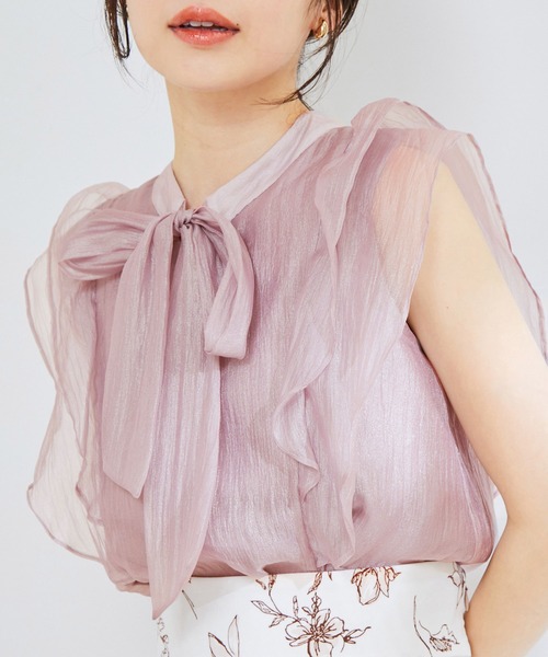 VIS（ビス）の「【洗える】【前後2WAY】シアーボウタイラッフルフリルブラウス（シャツ/ブラウス・レディース・ブラック/ピンク/キナリ・FREE）」の7枚目の写真