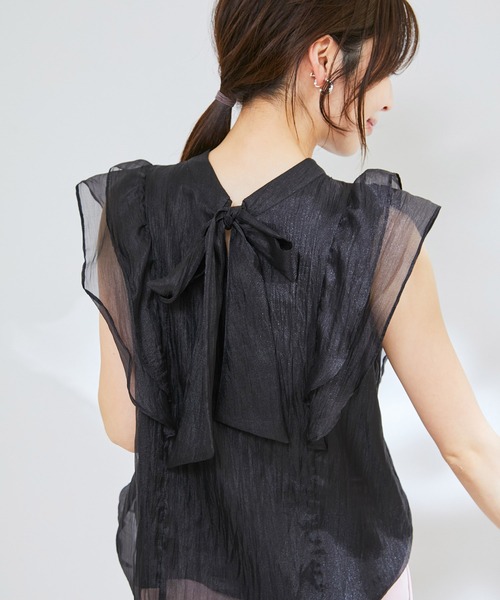 VIS（ビス）の「【洗える】【前後2WAY】シアーボウタイラッフルフリルブラウス（シャツ/ブラウス・レディース・ブラック/ピンク/キナリ・FREE）」の12枚目の写真