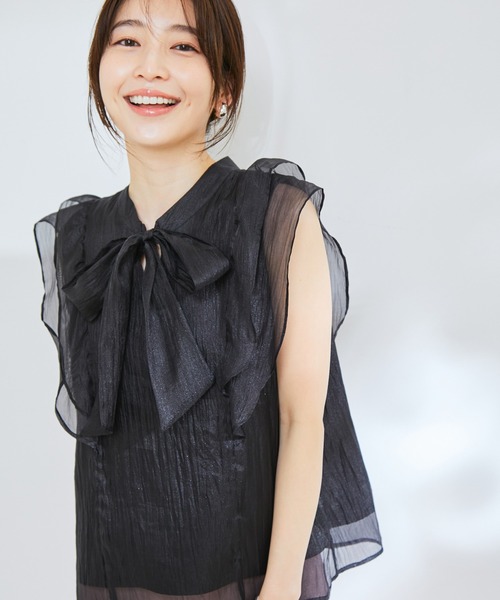 VIS（ビス）の「【洗える】【前後2WAY】シアーボウタイラッフルフリルブラウス（シャツ/ブラウス・レディース・ブラック/ピンク/キナリ・FREE）」の13枚目の写真