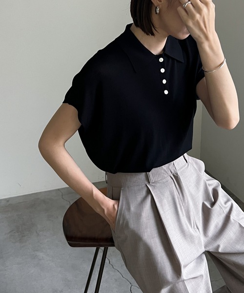 かぐれ✨24SS　ハーフスリーブポロニット　ブラック　リネン　完売品 ZOZO限定】フレンチスリーブポロニット（ニット/セーター