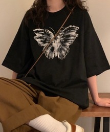 【蝶プリント】韓国ストリート映え バタフライオーバーサイズTシャツ