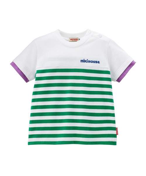MIKI HOUSE(ミキハウス)の「カラバリボーダー半袖Tシャツ(Tシャツ/カットソー・キッズ・ネイビー/パープル/ブルー系その他/グリーン/コーラルピンク・80cm/90cm/100cm/110cm/120cm/130cm/140cm/150cm)」の2枚目の写真