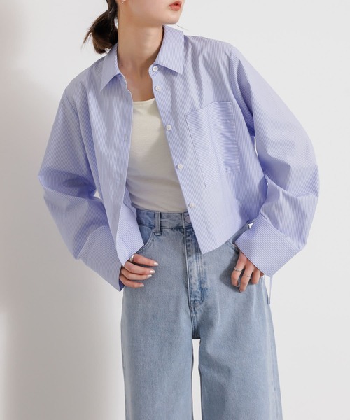 SENSE OF PLACE by URBAN RESEARCH（センスオブプレイスバイアーバンリサーチ）の「サイドシャーリングクロップドシャツ（シャツ/ブラウス・レディース・ブルー系その他/グリーン/オフホワイト・ONE）」の21枚目の写真