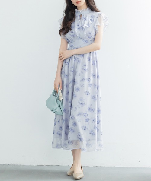 セール】花柄シフォン生地ミモレ丈ワンピース（ワンピース