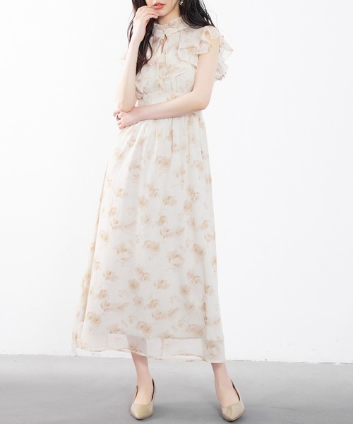 ワンピース 花柄 シフォン ミモレ丈 エレガント レイヤード 花柄シフォン生地ミモレ丈ワンピース（ワンピース）｜SAISON DE