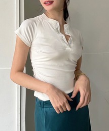 Jewelobe | ヘンリーネックサイドギャザータイトTシャツ(Tシャツ/カットソー)