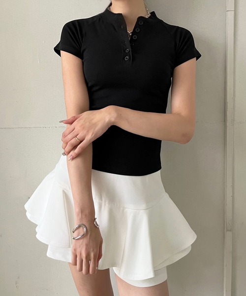Jewelobe（ジュエローブ）の「ヘンリーネックサイドギャザークロップドTシャツ（Tシャツ/カットソー・レディース・オフホワイト/ブラック/グレー・FREE）」の19枚目の写真