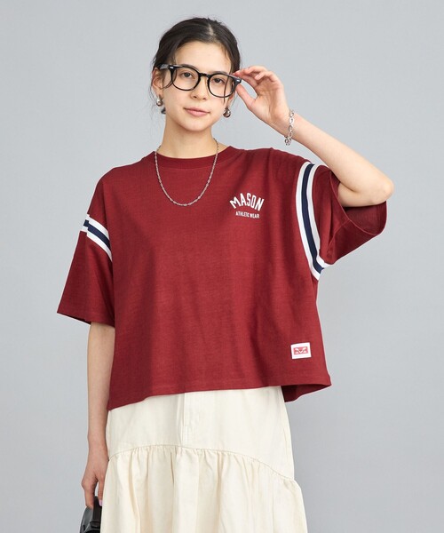 coen(コーエン)の「MASON(メイソン)別注クロップドフットボールTシャツ(Tシャツ/カットソー・レディース・ホワイト/ワインレッド・M/L)」の2枚目の写真