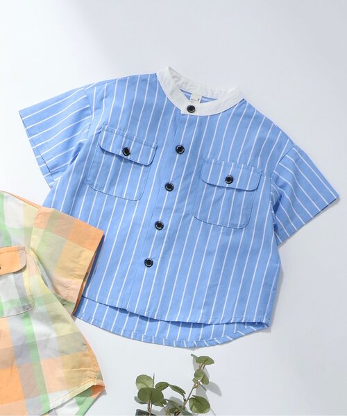 セール】【リンク】ノーカラーチェック&ストライプシャツ（シャツ