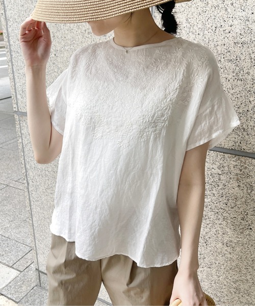 StyleSea(スタイルシー)の「【リネン混】フロント刺繍プルオーバー(Tシャツ/カットソー・レディース・ブラック/オフホワイト/グレー・FREE)」の16枚目の写真