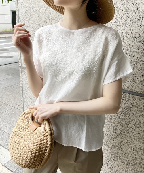 StyleSea(スタイルシー)の「【リネン混】フロント刺繍プルオーバー(Tシャツ/カットソー・レディース・ブラック/オフホワイト/グレー・FREE)」の18枚目の写真