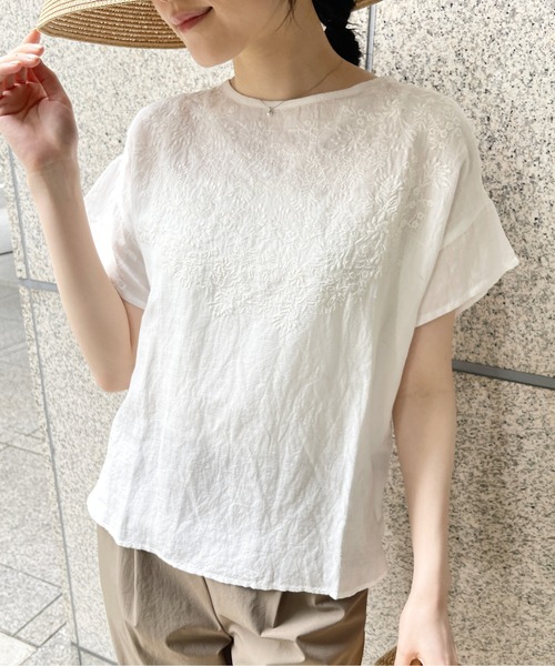 StyleSea(スタイルシー)の「【リネン混】フロント刺繍プルオーバー(Tシャツ/カットソー・レディース・ブラック/オフホワイト/グレー・FREE)」の21枚目の写真