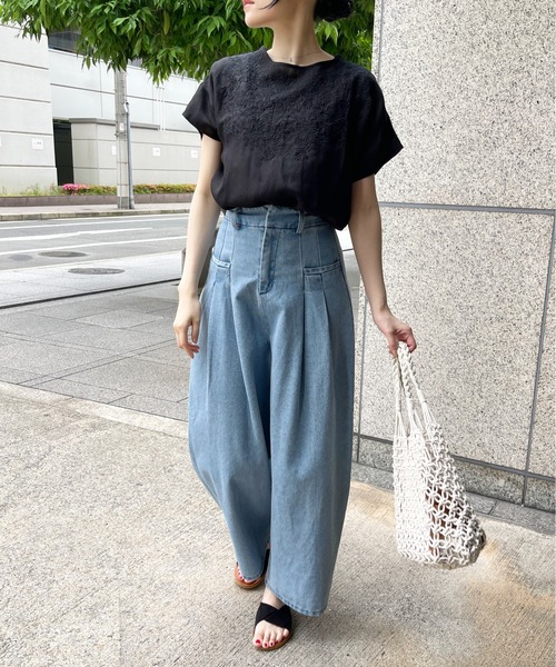 StyleSea(スタイルシー)の「【リネン混】フロント刺繍プルオーバー(Tシャツ/カットソー・レディース・ブラック/オフホワイト/グレー・FREE)」の7枚目の写真