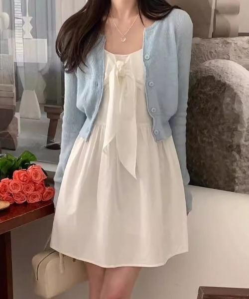 FREE STYLISTS(フリー スタイリスト)の「YUGA_YGMC リボン フレアミニ キャミソールワンピース(ワンピース・レディース・ブラック/ホワイト・FREE)」の4枚目の写真