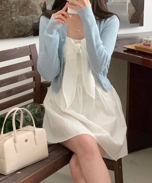 FREE STYLISTS(フリー スタイリスト)の「YUGA_YGMC リボン フレアミニ キャミソールワンピース(ワンピース・レディース・ブラック/ホワイト・FREE)」の7枚目の写真
