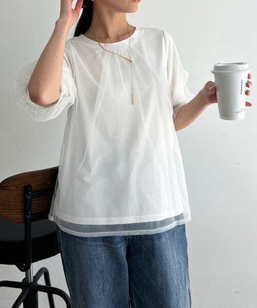 Chez toi(シェトワ)の「チュール重ねカットプルオーバー(Tシャツ/カットソー・レディース・ブラック/オフホワイト/グレー・FREE)」の4枚目の写真