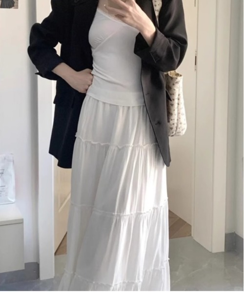 gossip!ロサンゼルス(ゴシップロサンゼルス)の「シンプルフェミニンフリルロングボリュームティアードスカート /体型カバー 春夏 カジュアル 3color(スカート・レディース・ピンク/ホワイト/ブラック・FREE)」の7枚目の写真