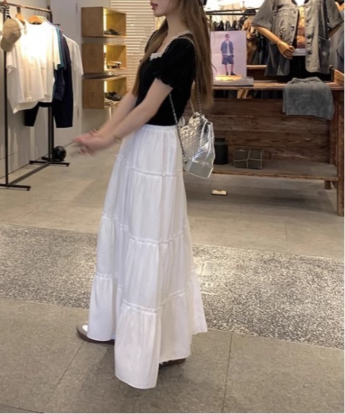 gossip!ロサンゼルス(ゴシップロサンゼルス)の「シンプルフェミニンフリルロングボリュームティアードスカート /体型カバー 春夏 カジュアル 3color(スカート・レディース・ピンク/ホワイト/ブラック・FREE)」の16枚目の写真