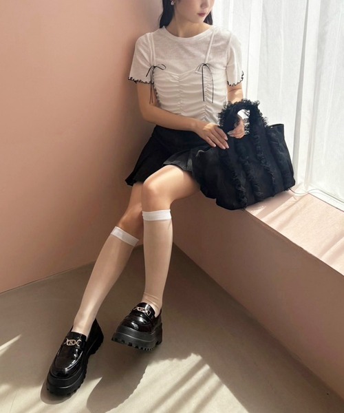 one after another NICE CLAUP(ワンアフターアナザーナイスクラップ)の「チュールフリルキャンバストートバッグ(トートバッグ・レディース・アイボリー/ブラック/ピンク・FREE)」の14枚目の写真