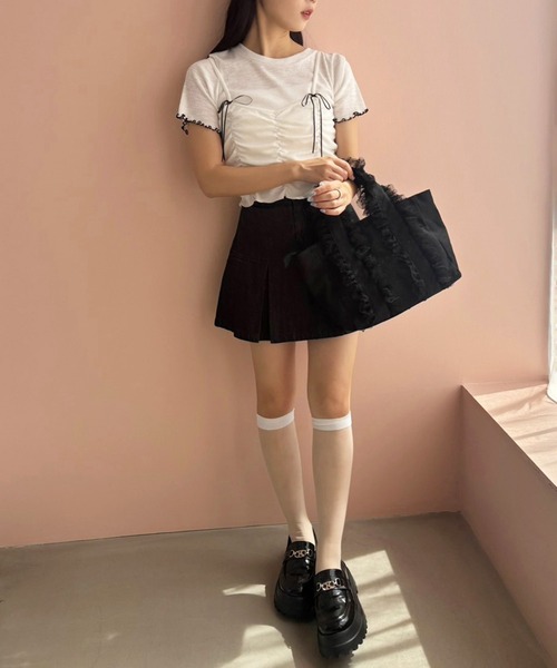 one after another NICE CLAUP(ワンアフターアナザーナイスクラップ)の「チュールフリルキャンバストートバッグ(トートバッグ・レディース・アイボリー/ブラック/ピンク・FREE)」の13枚目の写真