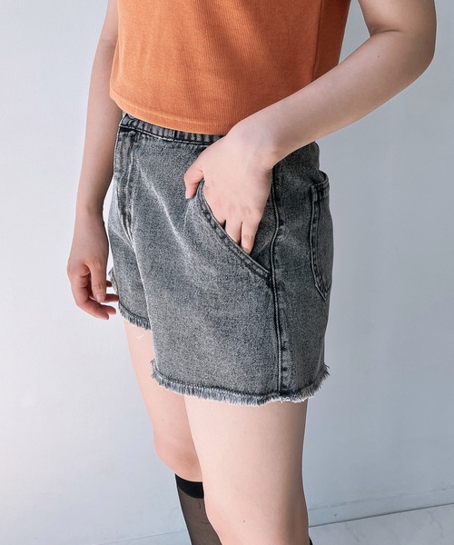グレー デニムショートパンツ 調整可能ウエスト ショートパンツ デニムパンツ デニム パンツ ワイドレッグ