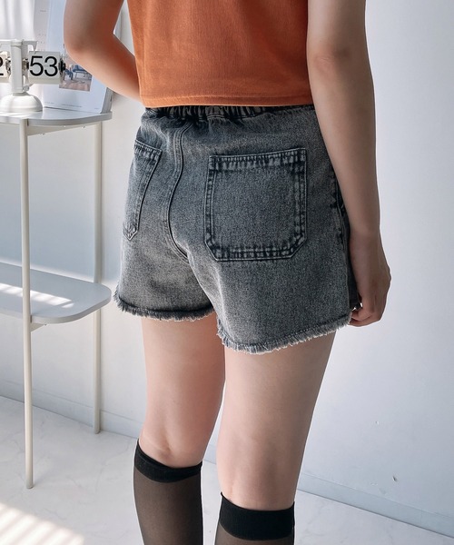 グレー デニムショートパンツ 調整可能ウエスト ショートパンツ デニムパンツ デニム パンツ ワイドレッグ