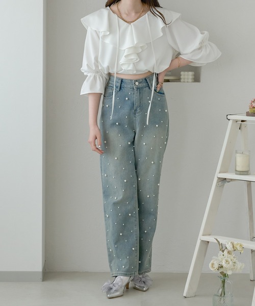 Ambre Neige(アンブルネージュ)の「drawstring volume fill blouse / ドロストボリュームフリルブラウス(シャツ/ブラウス・レディース・チャコールグレー/オフホワイト/ライトブルー・FREE)」の10枚目の写真