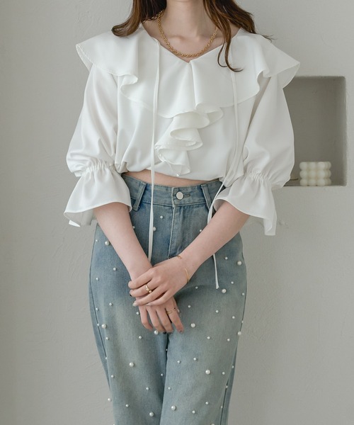 Ambre Neige(アンブルネージュ)の「drawstring volume fill blouse / ドロストボリュームフリルブラウス(シャツ/ブラウス・レディース・チャコールグレー/オフホワイト/ライトブルー・FREE)」の12枚目の写真
