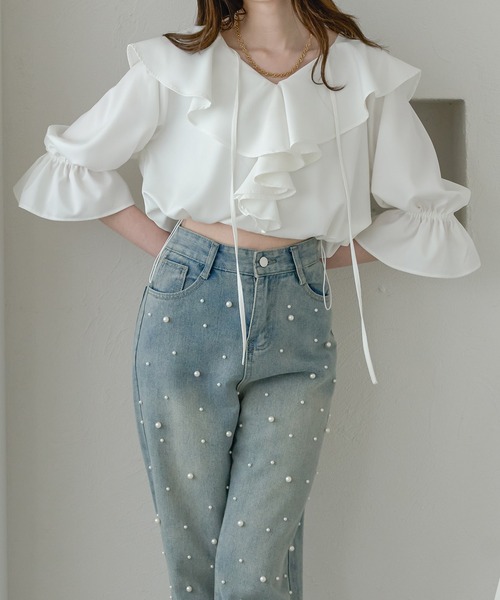 Ambre Neige(アンブルネージュ)の「drawstring volume fill blouse / ドロストボリュームフリルブラウス(シャツ/ブラウス・レディース・チャコールグレー/オフホワイト/ライトブルー・FREE)」の8枚目の写真