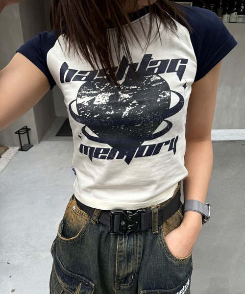 【MEMORY】ハートロゴ ショート丈 ラグランTシャツ / チビT レディース(Tシャツ/カットソー)|#MEMORY(メモリー)