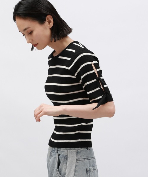 LAKOLE（ラコレ）の「袖リボンニットプルオーバー5分袖 / 143182（ニット/セーター・レディース・イエロー/ブラック×ホワイト/オフホワイト/ブラック・FREE）」の20枚目の写真