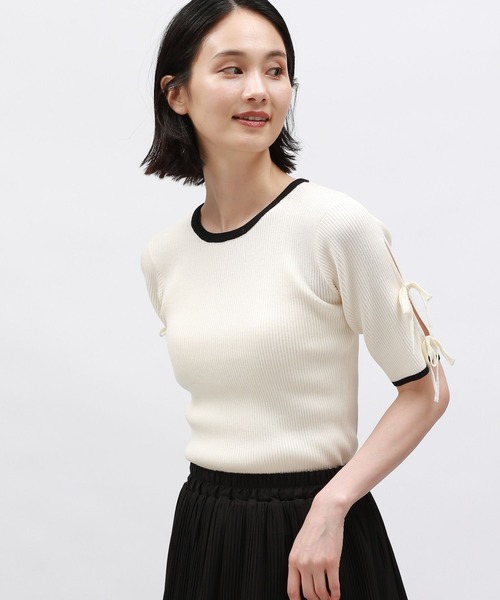 LAKOLE（ラコレ）の「袖リボンニットプルオーバー5分袖 / 143182（ニット/セーター・レディース・イエロー/ブラック×ホワイト/オフホワイト/ブラック・FREE）」の8枚目の写真
